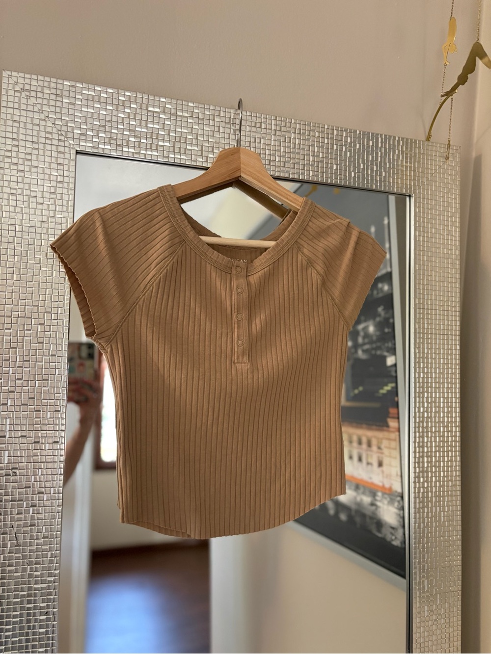AE Ribbed cropped short sleeve Henley Top - Tan